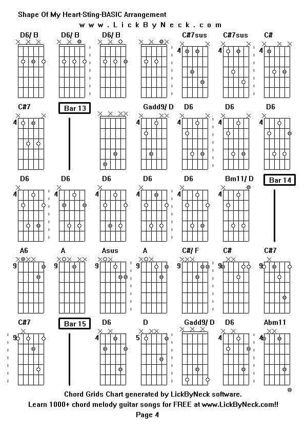 Chord Grids Chart of chord melody fingerstyle guitar song-Shape Of My Heart-Sting-BASIC Arrangement,generated by LickByNeck software.